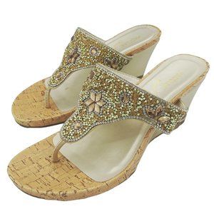 4/$20 Madeline Stewart Gold Rhinestone Glitter Thong Sandals 7.5M 3-Inch Heel